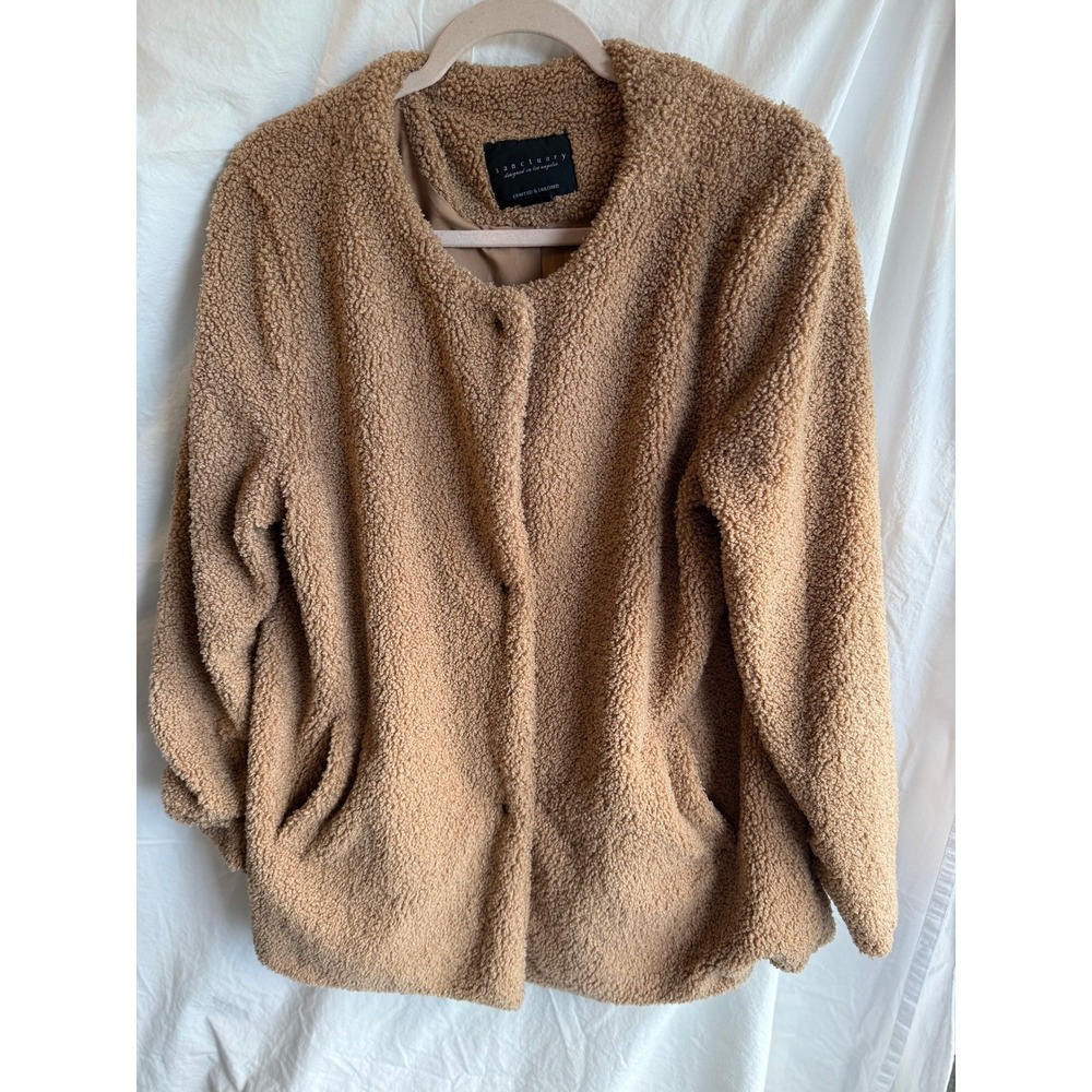 Sanctuary Womens Camel Brown Teddy Faux Shearling Snap Front Jacket Coat Large